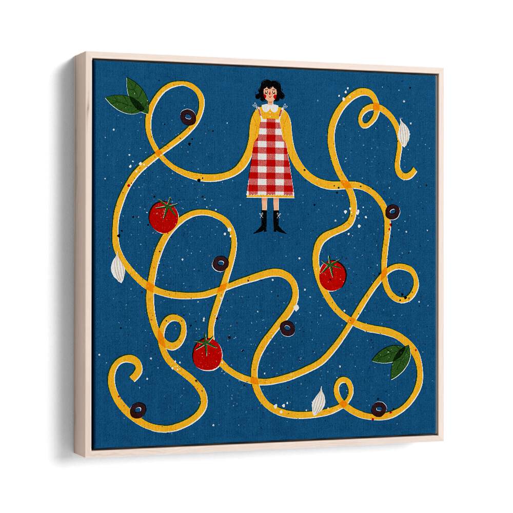 Colorful Spaghetti Sleeves, Kitchen Art Prints by Julia Leister, featuring vibrant pasta and veggies on premium canvas.