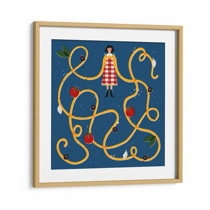 Colorful Spaghetti Sleeves, Kitchen Art Prints by Julia Leister, framed art featuring vibrant design and playful elements.