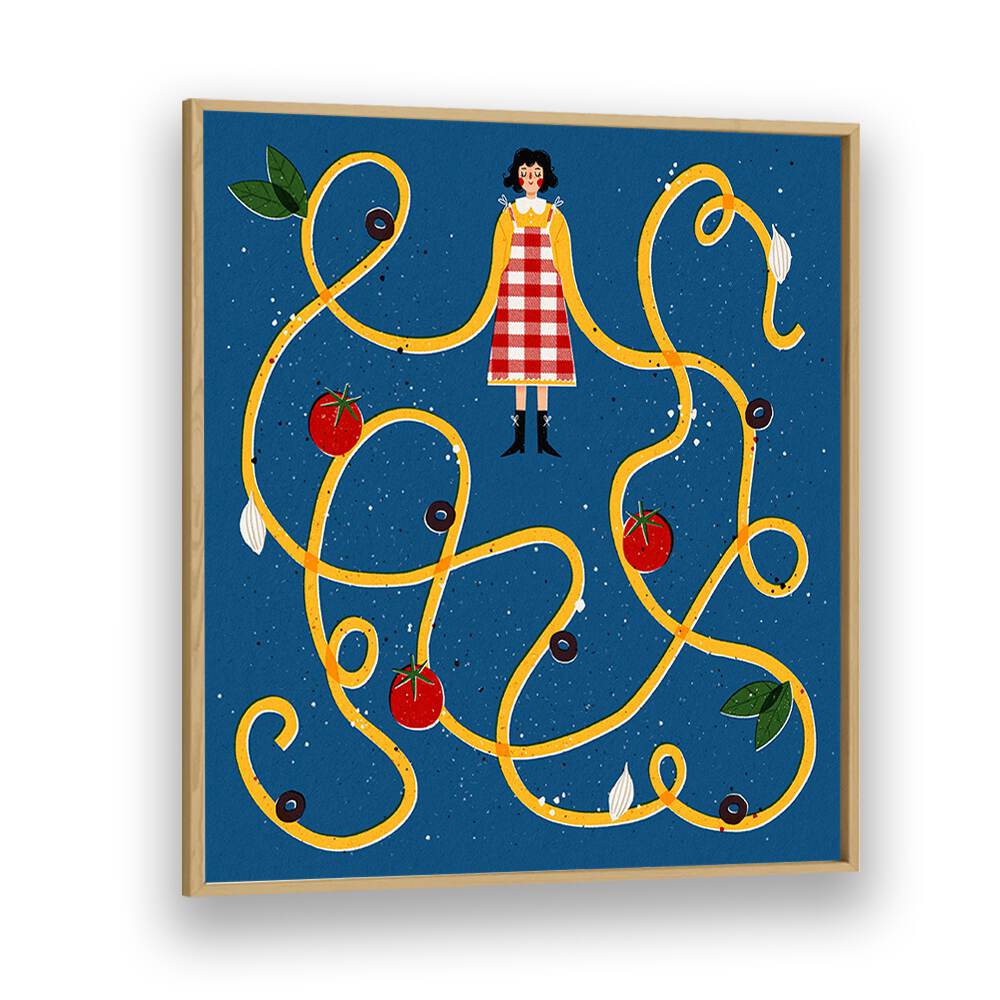 Whimsical Spaghetti Sleeves, Kitchen Art Prints by Julia Leister, featuring vibrant colors and playful design.