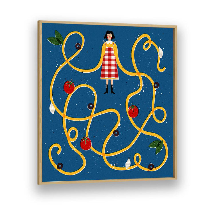Whimsical Spaghetti Sleeves, Kitchen Art Prints by Julia Leister, featuring vibrant colors and playful design.