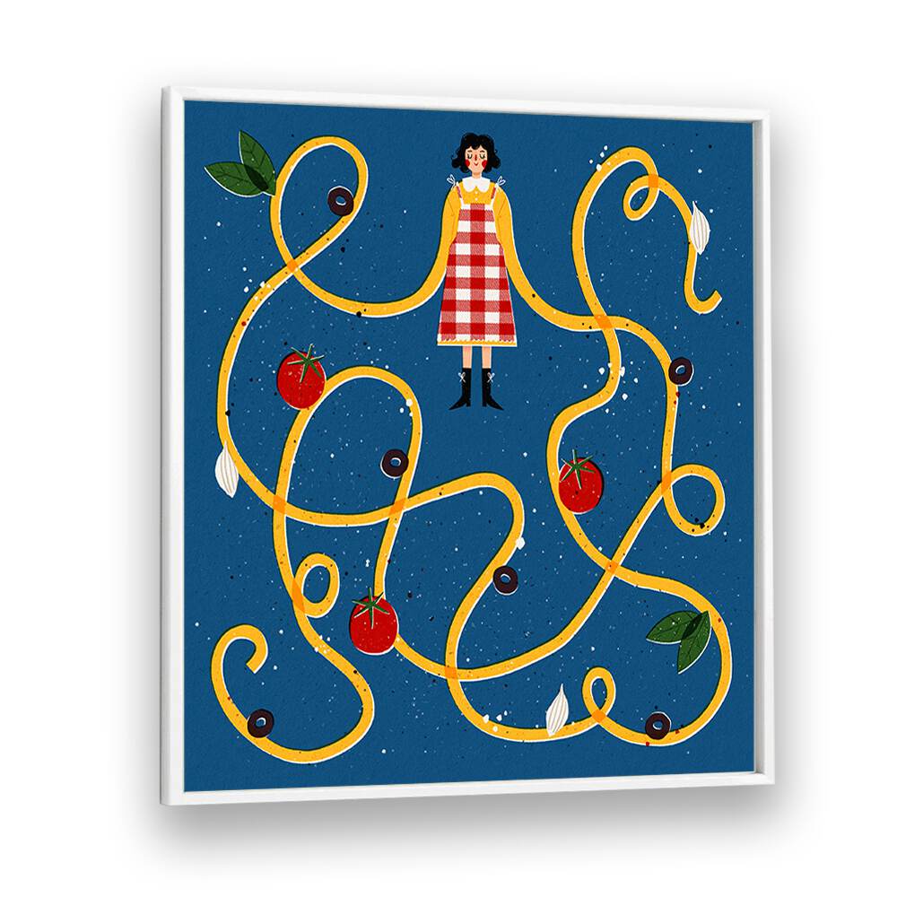 Brightly colored Spaghetti Sleeves, Kitchen Art Prints by Julia Leister, perfect for adding charm to your kitchen decor.