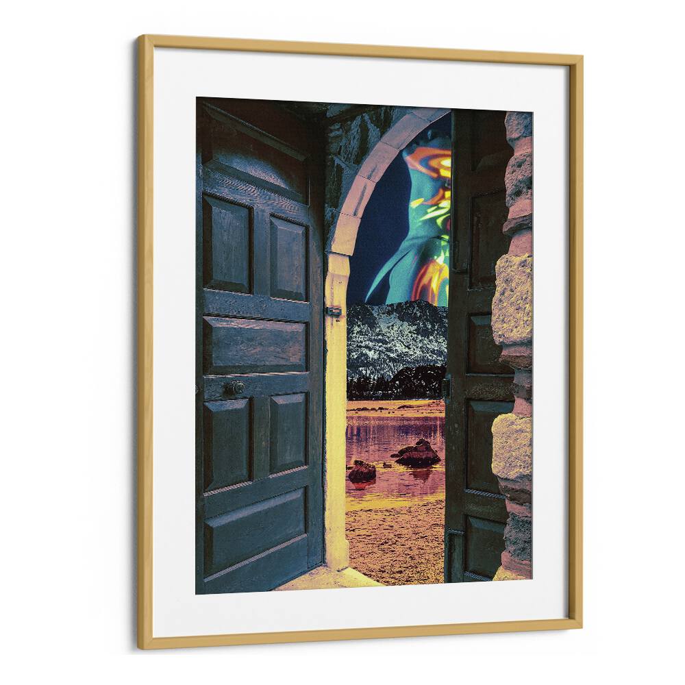 SPIRIT CITED, SURREAL ART PRINTS by Cosmo Zach beautifully framed, showcasing an enchanting view through an archway.