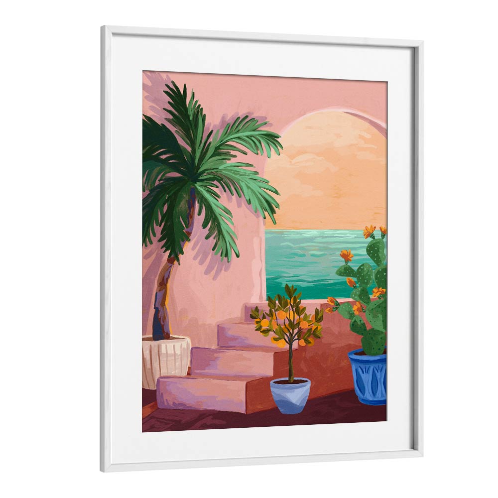Stairway to Paradise, landscape paintings by Goed Blauw, featuring serene coastal views and vibrant plants in a frame.
