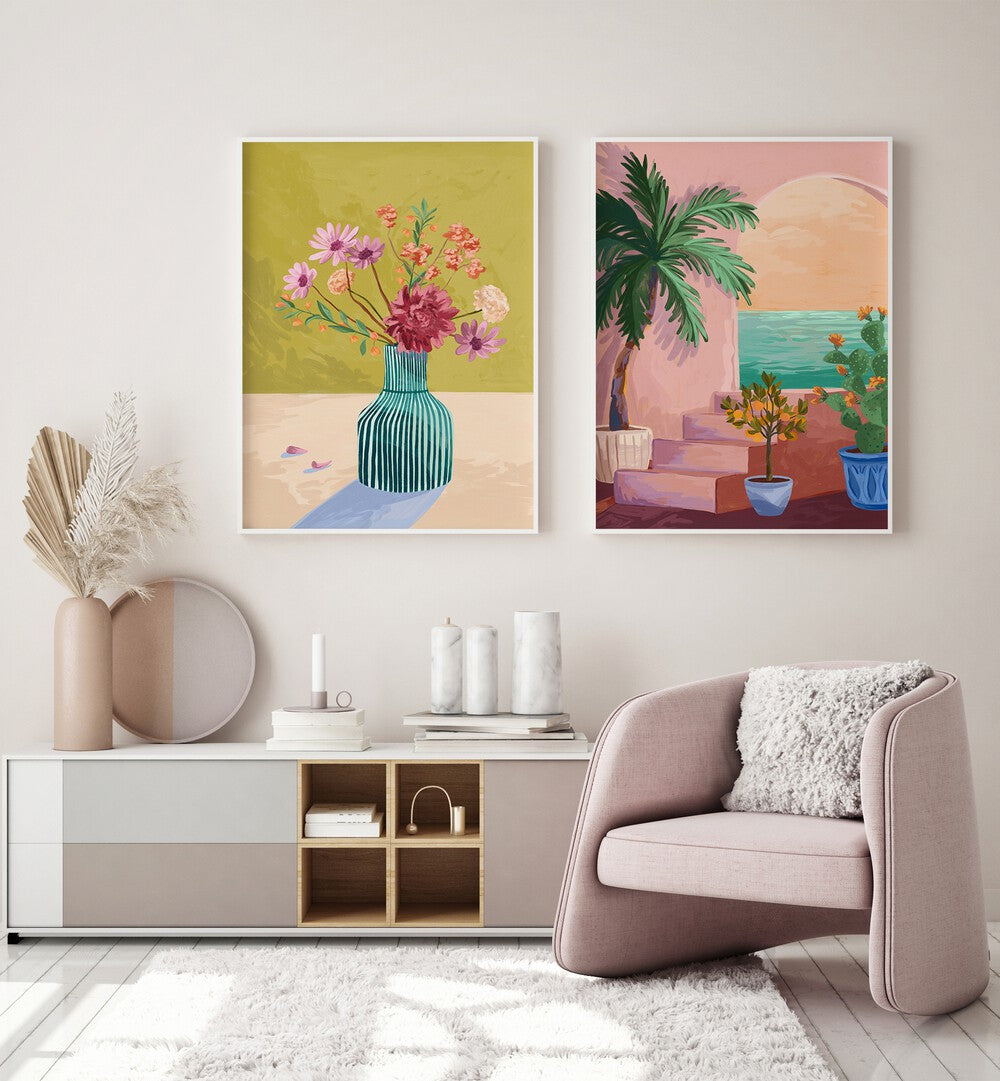 Brighten your space with the STAIRWAY TO PARADISE SET, SET OF 2 PAINTINGS, capturing tropical charm and serenity.