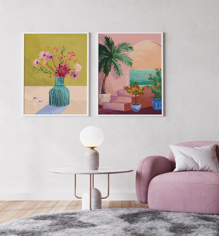 Vibrant STAIRWAY TO PARADISE SET, SET OF 2 PAINTINGS, capturing tropical charm for your living space decor.
