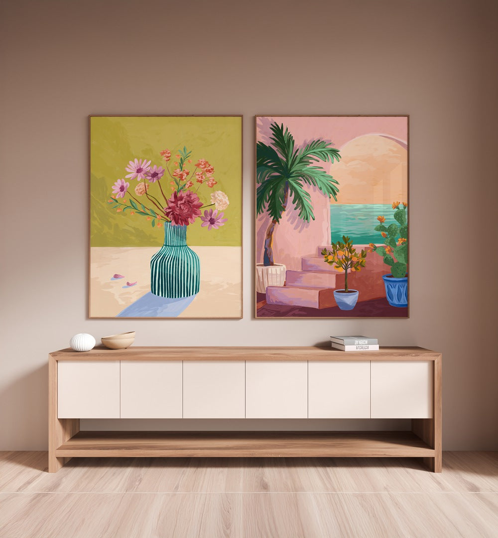 Brighten your space with the STAIRWAY TO PARADISE SET, SET OF 2 PAINTINGS, showcasing vibrant floral and tropical scenes.