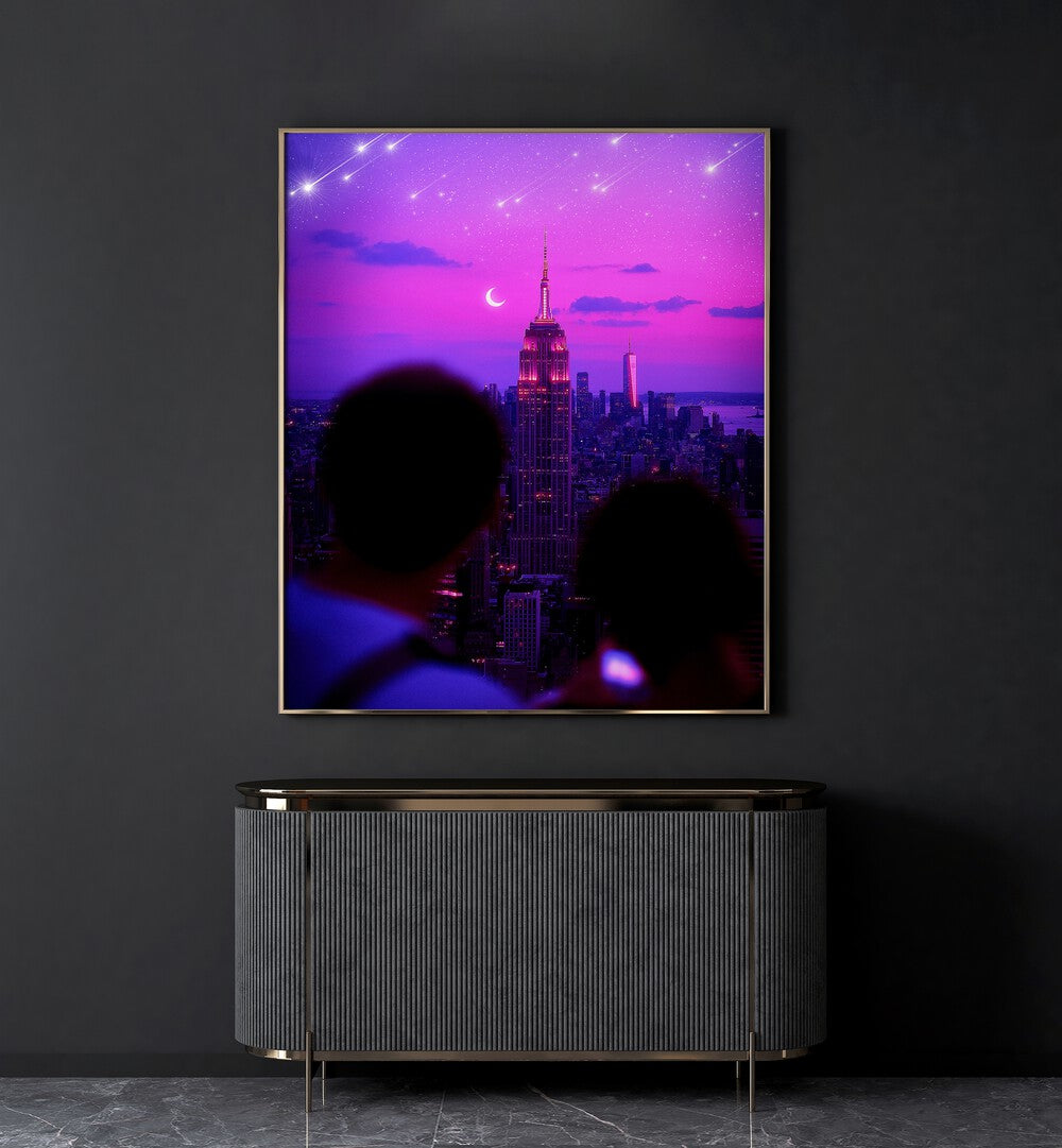 Stardust Cascade, surreal art prints, showcases vibrant cityscape with a dreamy, cosmic twist by Ritvik Takkar.