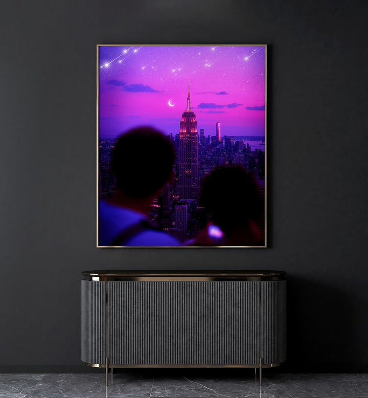 Stardust Cascade, surreal art prints, showcases vibrant cityscape with a dreamy, cosmic twist by Ritvik Takkar.
