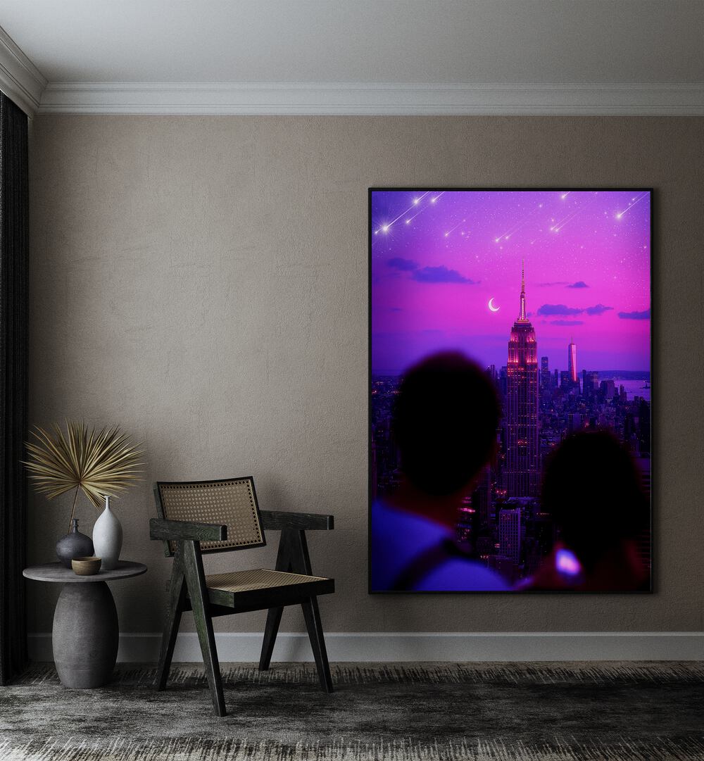 Stunning STARDUST CASCADE, SURREAL ART PRINTS by Ritvik Takkar, featuring a dreamy city skyline at night.