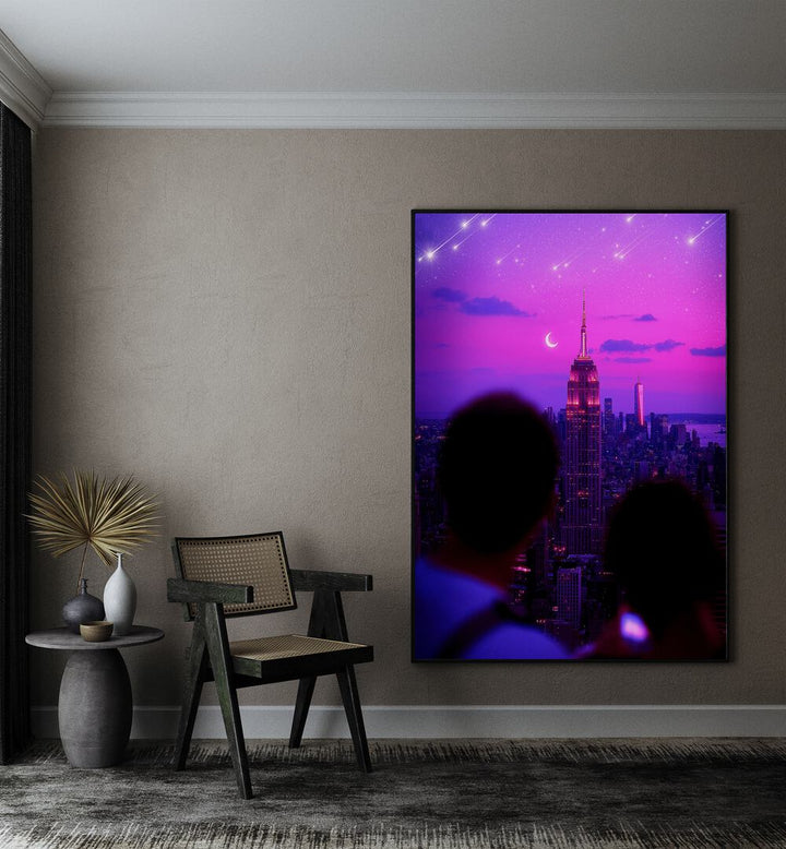 Stunning STARDUST CASCADE, SURREAL ART PRINTS by Ritvik Takkar, featuring a dreamy city skyline at night.