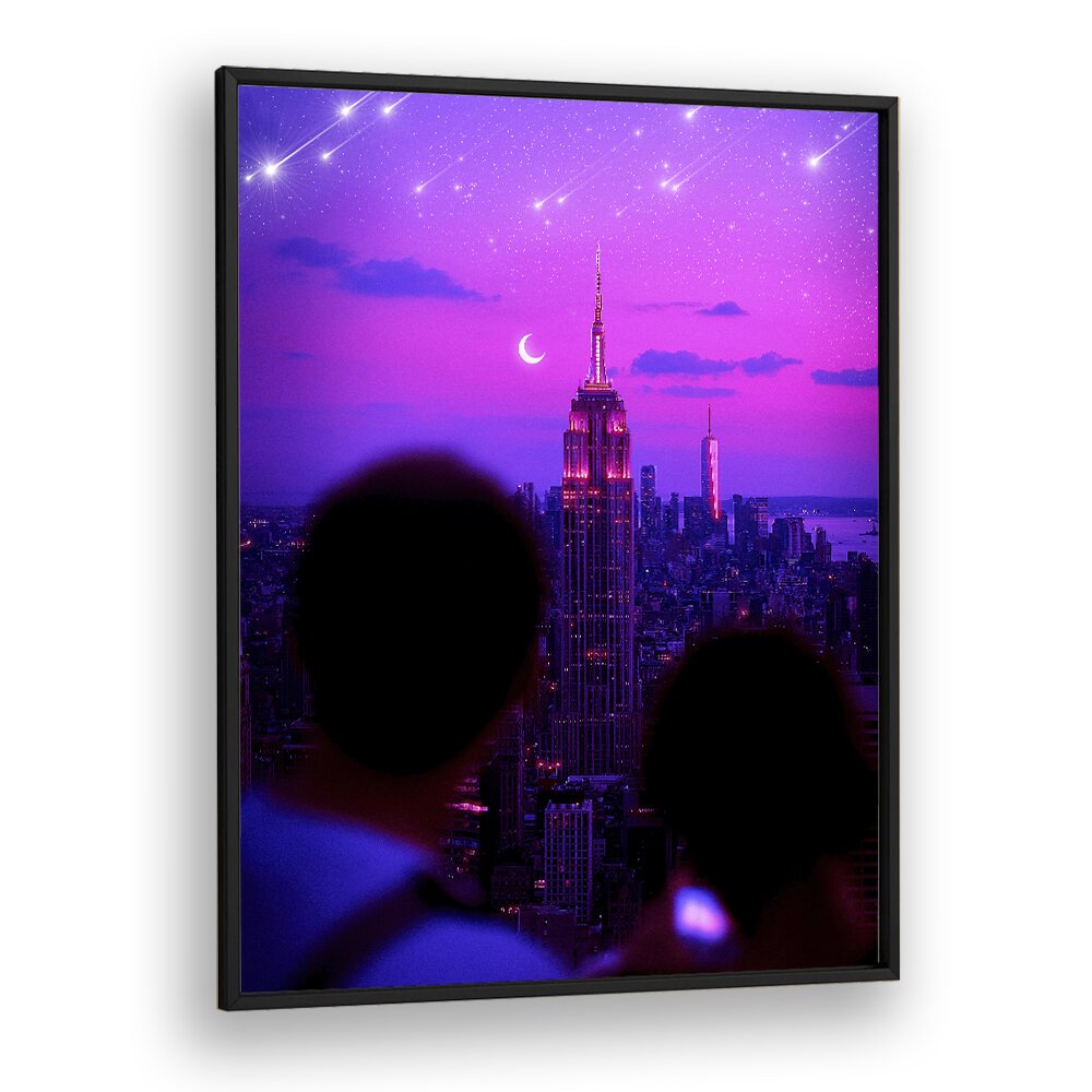 Stardust Cascade, Surreal Art Prints by Ritvik Takkar captures a dreamy cityscape with enchanting colors and stars.