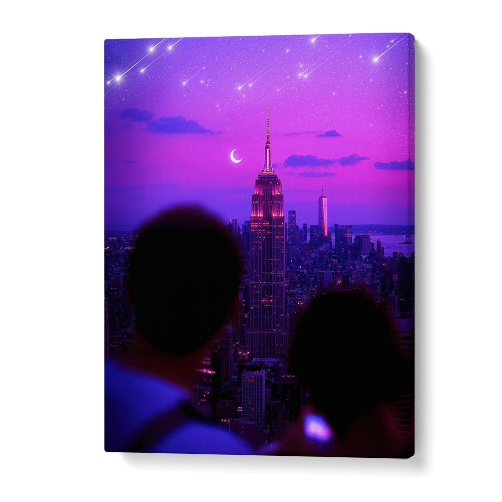 Stunning STARDUST CASCADE, SURREAL ART PRINTS by Ritvik Takkar, capturing a surreal NYC skyline at twilight.