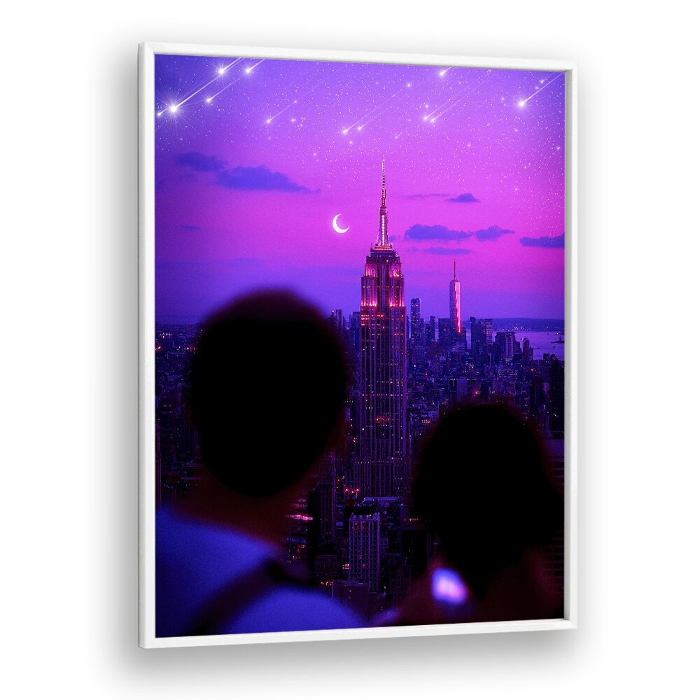 Stardust Cascade, Surreal Art Prints, showcases vibrant cityscapes under a dreamy night sky by Ritvik Takkar.