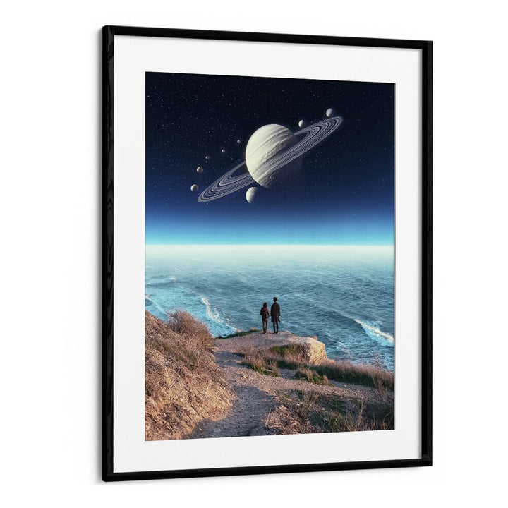 "Staring Into Abyss, Surreal Art Prints showcases a couple gazing at a cosmic landscape, enhancing any space beautifully."