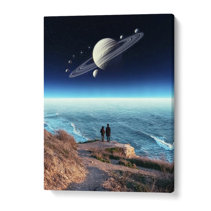 Explore the enchanting “Staring Into Abyss, Surreal Art Prints” by Ritvik Takkar, merging ocean views with cosmic wonders.