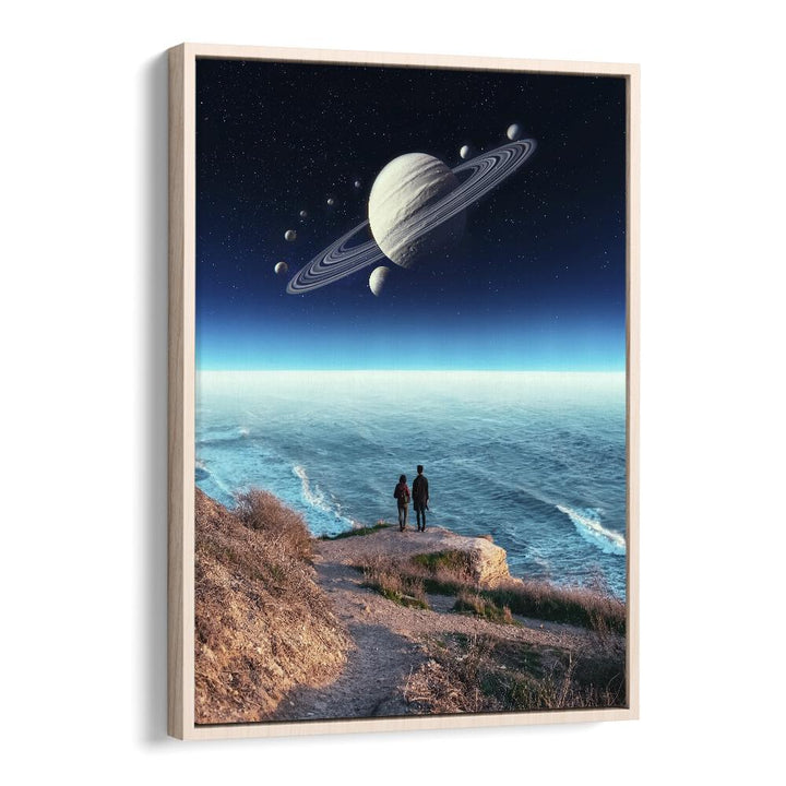 "Staring Into Abyss, Surreal Art Prints by Ritvik Takkar capture a dreamlike landscape of ocean and planets."