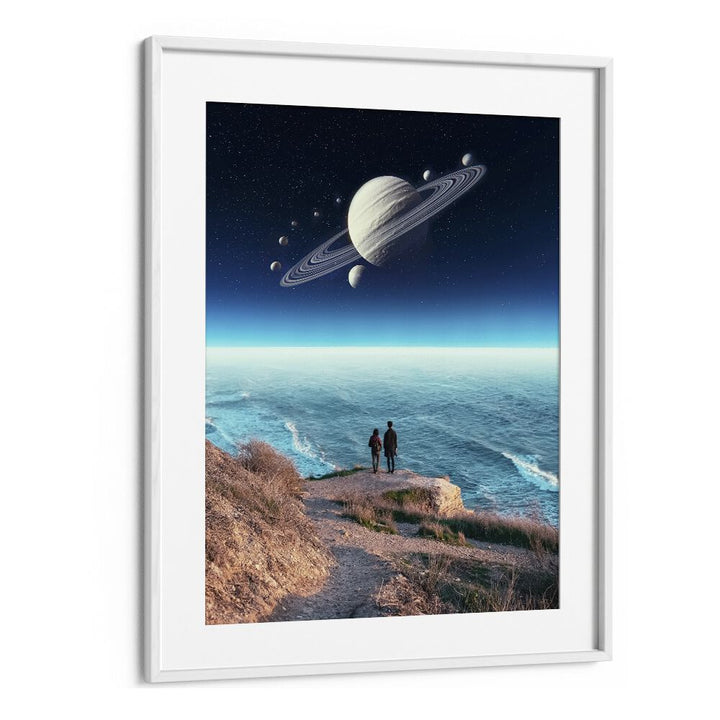 "Staring Into Abyss, surreal art prints by Ritvik Takkar, features a cosmic landscape with figures by the ocean."