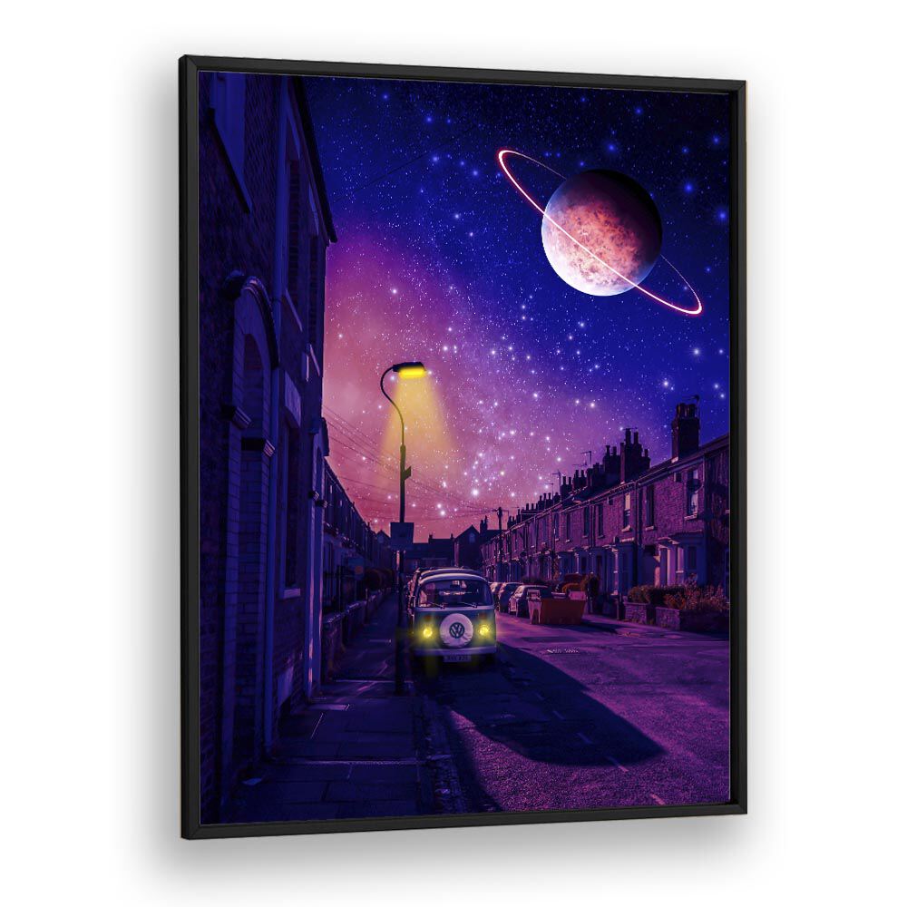 Stellar, surreal art prints featuring a captivating cosmic street scene, enhancing your space with vivid imagination.