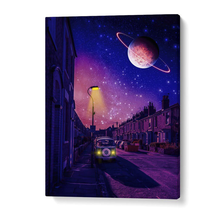 Transform your space with STELLAR, SURREAL ART PRINTS featuring a cosmic street scene by Ritvik Takkar.