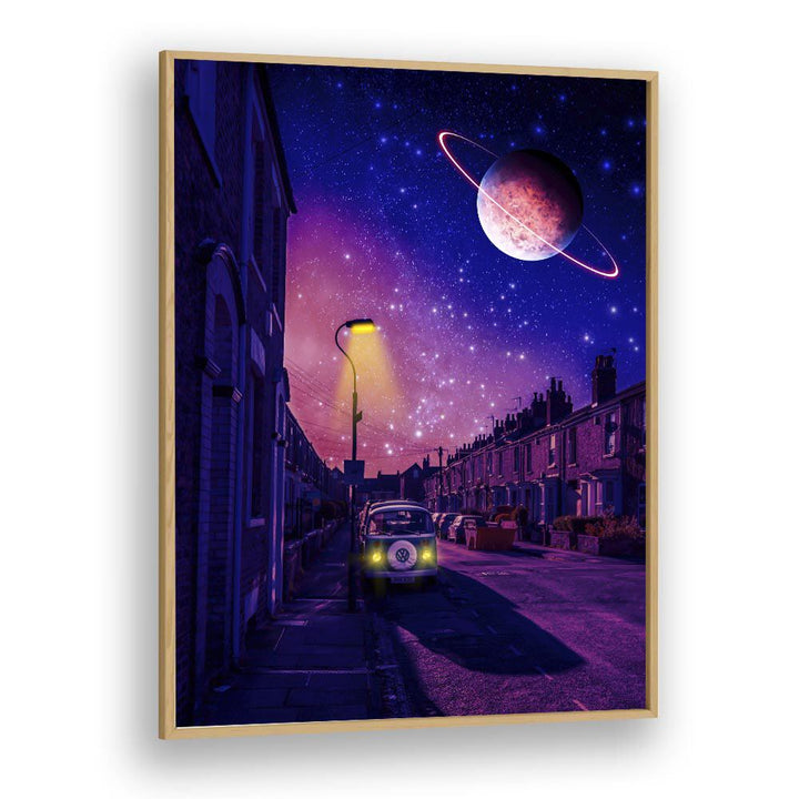 Stellar, surreal art prints featuring a cosmic scene with a vintage car, perfect for transforming your space.