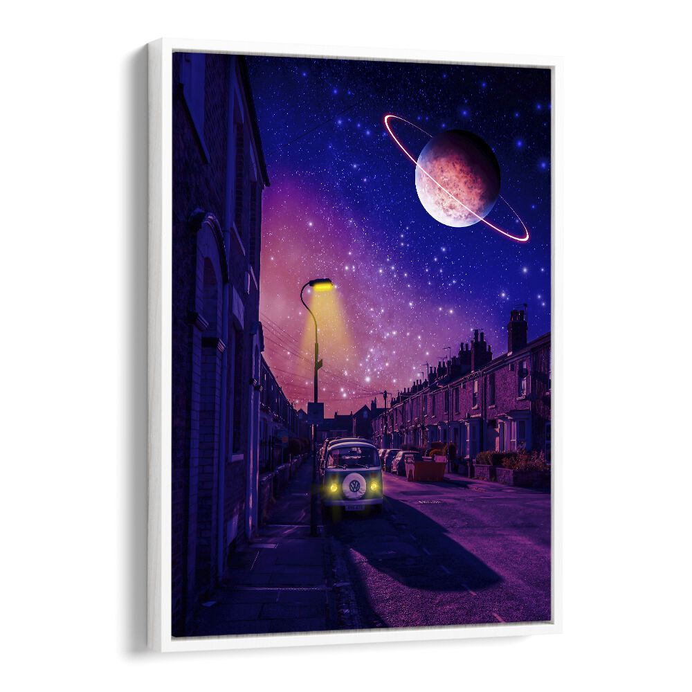 Stellar, surreal art prints featuring a dreamy street scene with a cosmic backdrop by Ritvik Takkar.