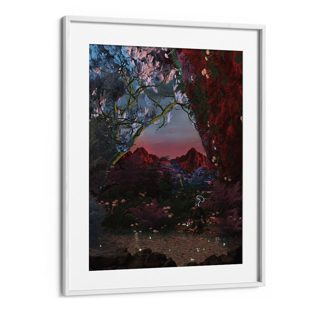 Surreal art print "Still Life Fishing Pond" by Cosmo Zach, framed in white, adds charm to any space.