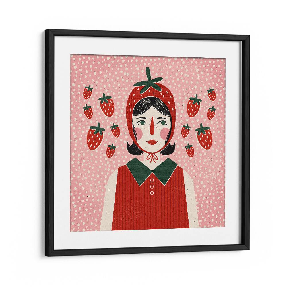 Colorful illustration titled "STRAWBERRY GIRL" by Julia Leister, featuring a girl surrounded by strawberries.