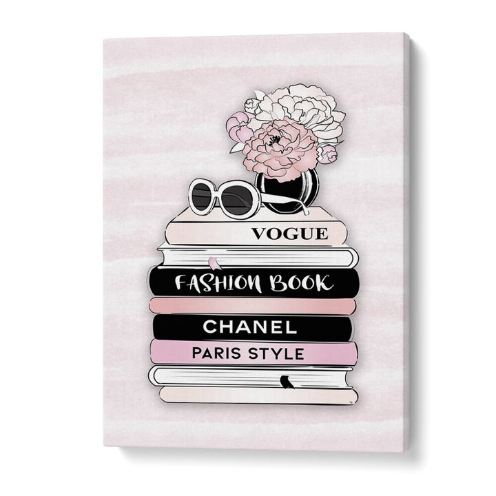 Elegant STYLE BOOKS, FASHION POSTERS stacked with flowers and sunglasses, celebrating fashion artistry by Martina.