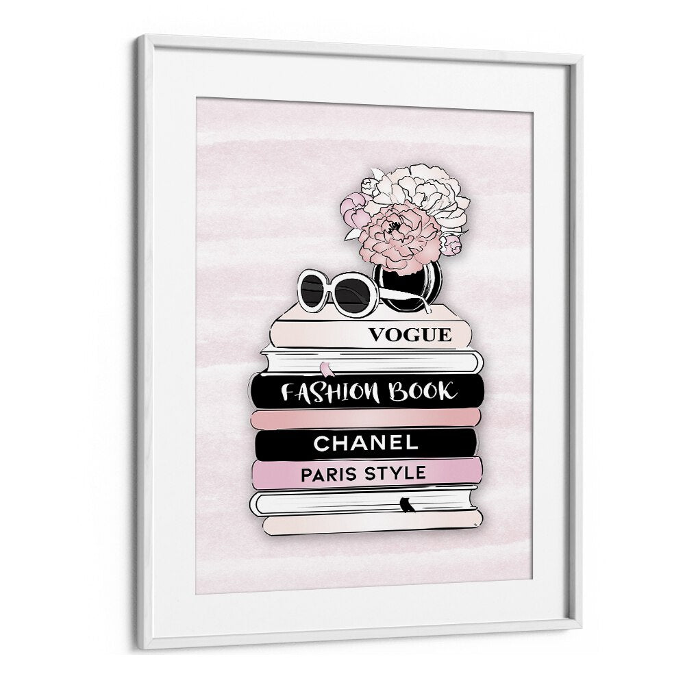 Stylish white-framed artwork featuring STYLE BOOKS, FASHION POSTERS, and floral accents by Martina for elegant decor.
