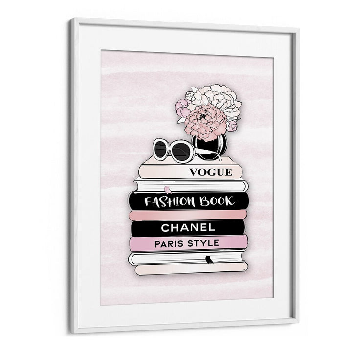 Stylish white-framed artwork featuring STYLE BOOKS, FASHION POSTERS, and floral accents by Martina for elegant decor.