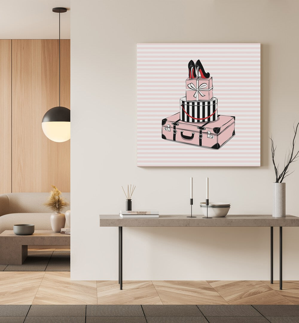 Elevate your decor with STYLISH TRAVELS, FASHION POSTERS featuring chic luggage and shoes by Martina.