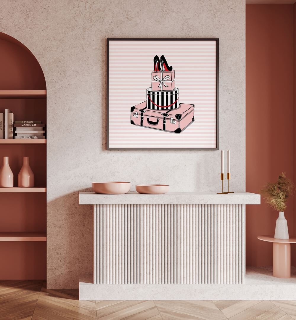 Stylish Travels, Fashion Posters showcase chic luggage and heels, perfect for elevating your space with art.