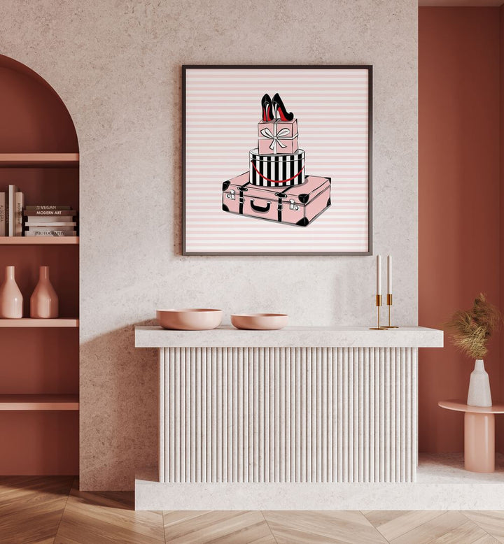 Stylish Travels, Fashion Posters showcase chic luggage and heels, perfect for elevating your space with art.