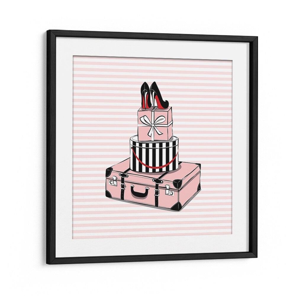 Stylish Travels fashion posters feature chic stacked suitcases and heels, perfect for elevating your decor.