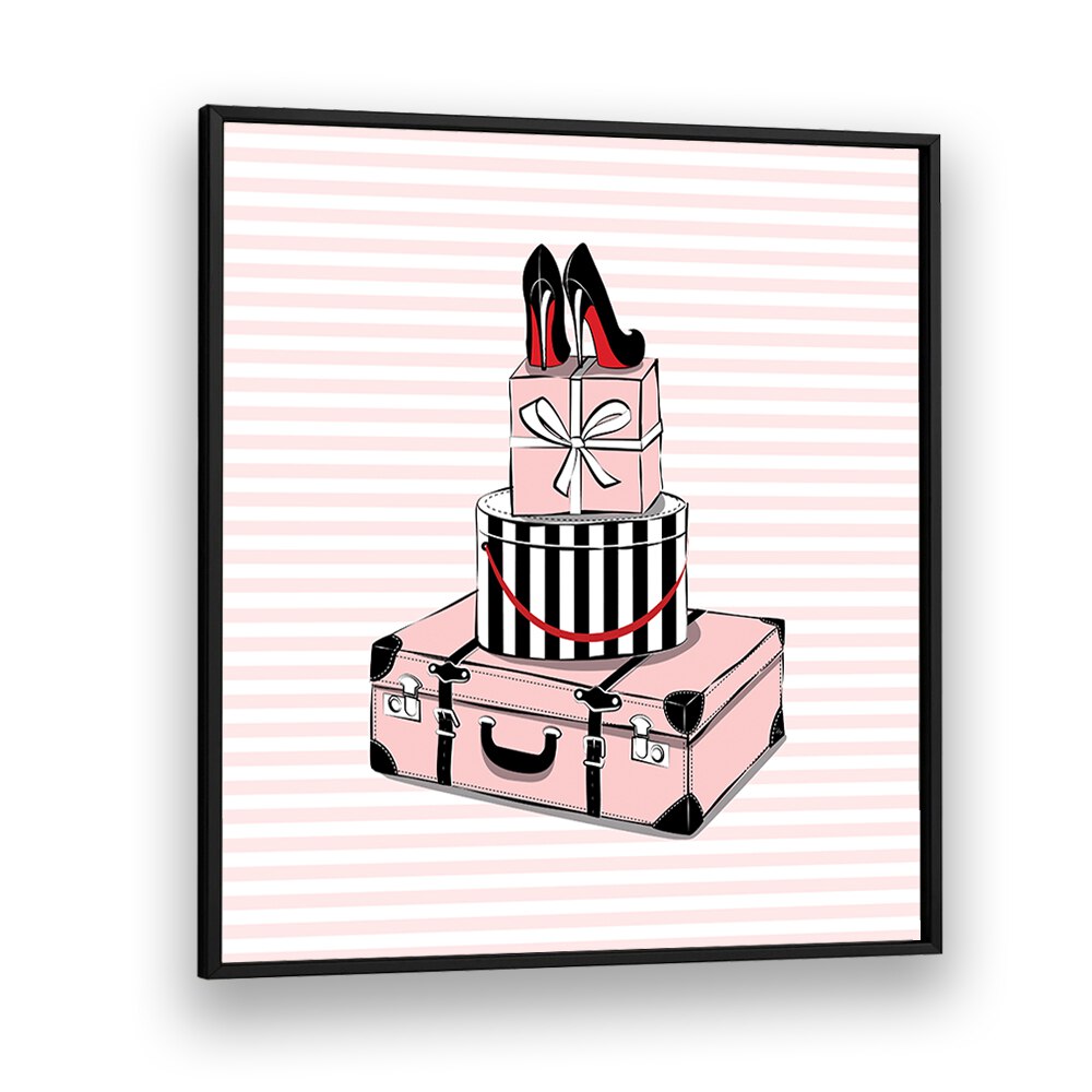 Stylish Travels, Fashion Posters by Martina feature chic shoes and gift boxes, perfect for enhancing any space.
