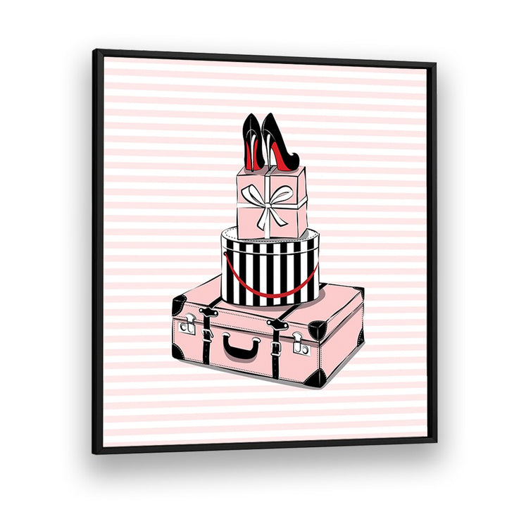 Stylish Travels, Fashion Posters by Martina feature chic shoes and gift boxes, perfect for enhancing any space.