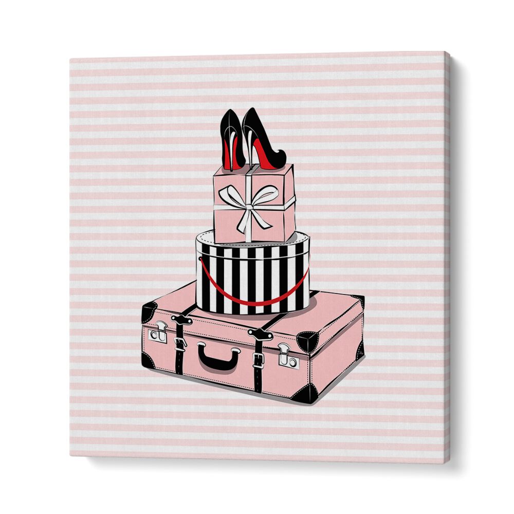 Stylish Travels, Fashion Posters featuring chic high heels atop stylish luggage, perfect for enhancing your decor.