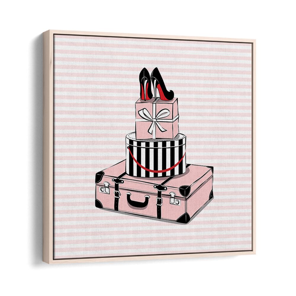 Stylish Travels, Fashion Posters featuring chic shoes and gift boxes, perfect for enhancing your art collection.