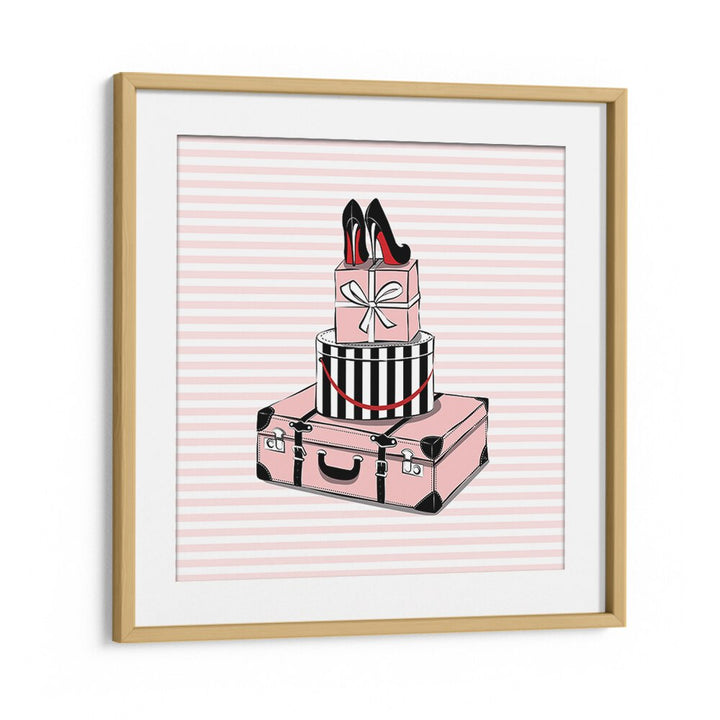 Chic STYLISH TRAVELS, FASHION POSTERS by Martina, featuring a stack of stylish suitcases and heels, perfect for your decor.