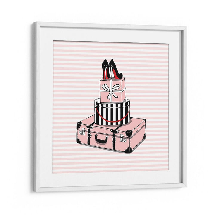 Stylish Travels, Fashion Posters showcase a chic design with stacked luggage and high heels, perfect for stylish decor.