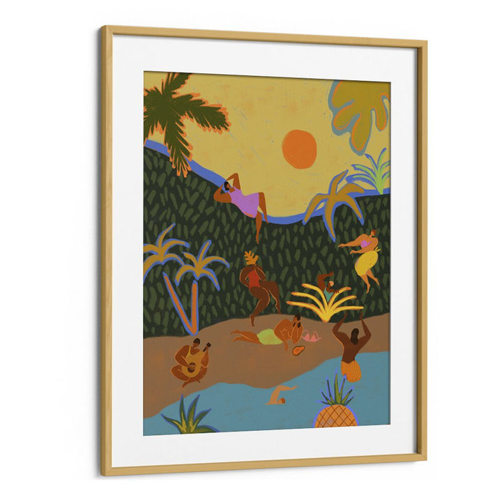 Vibrant "Summer Paradise, Portraits" wall art by Arty Guava, showcasing lively beach scenes in a chic oak frame.
