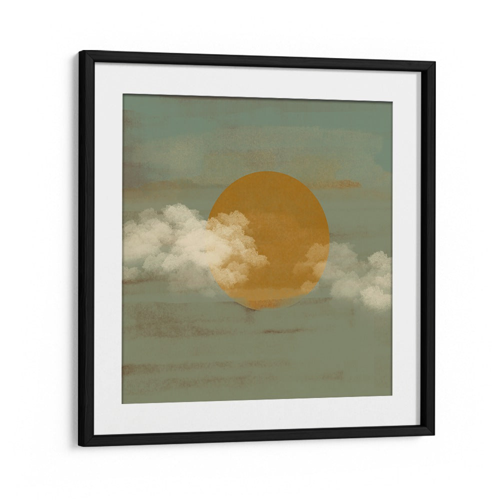 SUN A CLOUDS, BOHO ART PAINTINGS featuring a warm sun and soft clouds in a sleek black frame for a stylish decor touch.