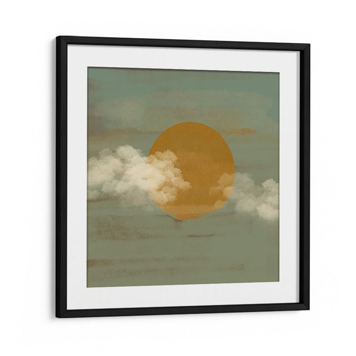 SUN A CLOUDS, BOHO ART PAINTINGS featuring a warm sun and soft clouds in a sleek black frame for a stylish decor touch.