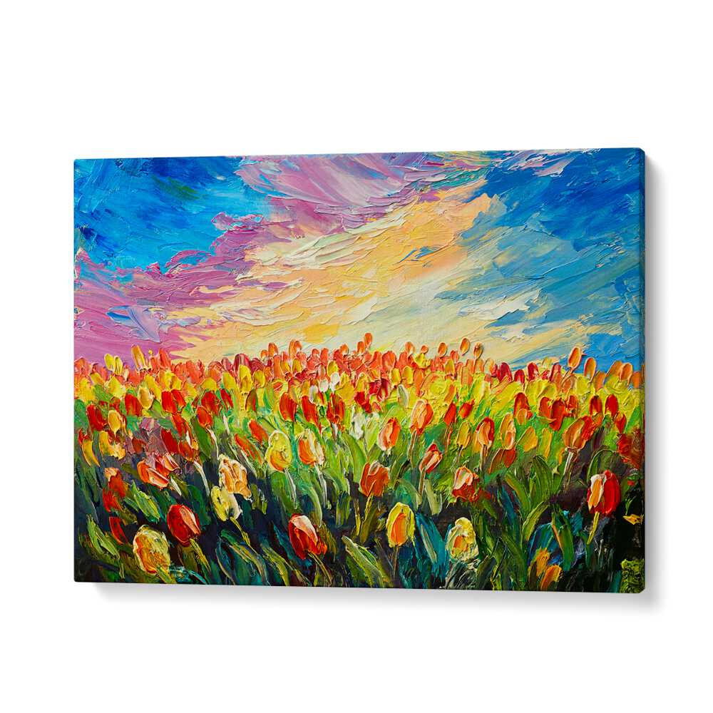 Vibrant tulip fields against a colorful sky in SUNKISSED MEADOW, VINTAGE EUROPEAN PAINTINGS collection.