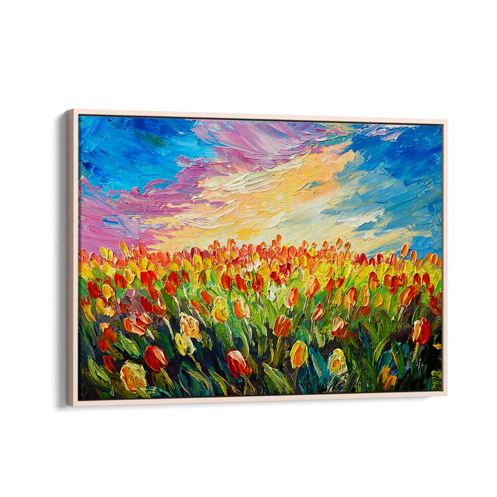 Vibrant tulip fields under a colorful sky in SUNKISSED MEADOW, VINTAGE EUROPEAN PAINTINGS collection.