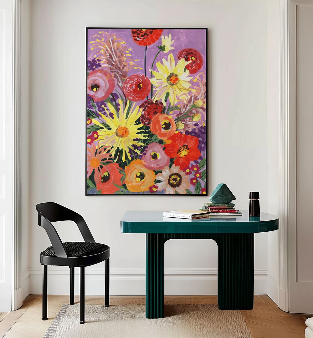Sunny Asters And Anemones By Ania Zwara Botanical Art Prints Floral Paintings in Black Plain Frame placed on a Cream Colored Wall near a Table in a Workspace in the Drawing Room