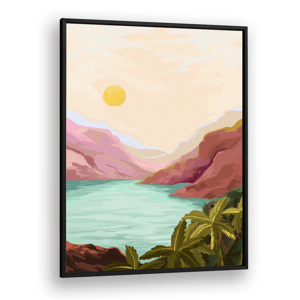 Captivating SUNNY PARADISE, LANDSCAPE PAINTINGS by Goed Blauw, featuring serene mountains and tranquil waters.