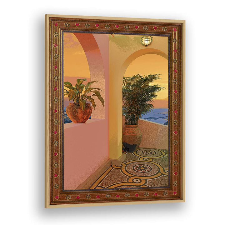 Sunny Place, Surreal Art Prints by Cosmo Zach, features a vibrant scene with plants and sunset hues in a framed design.