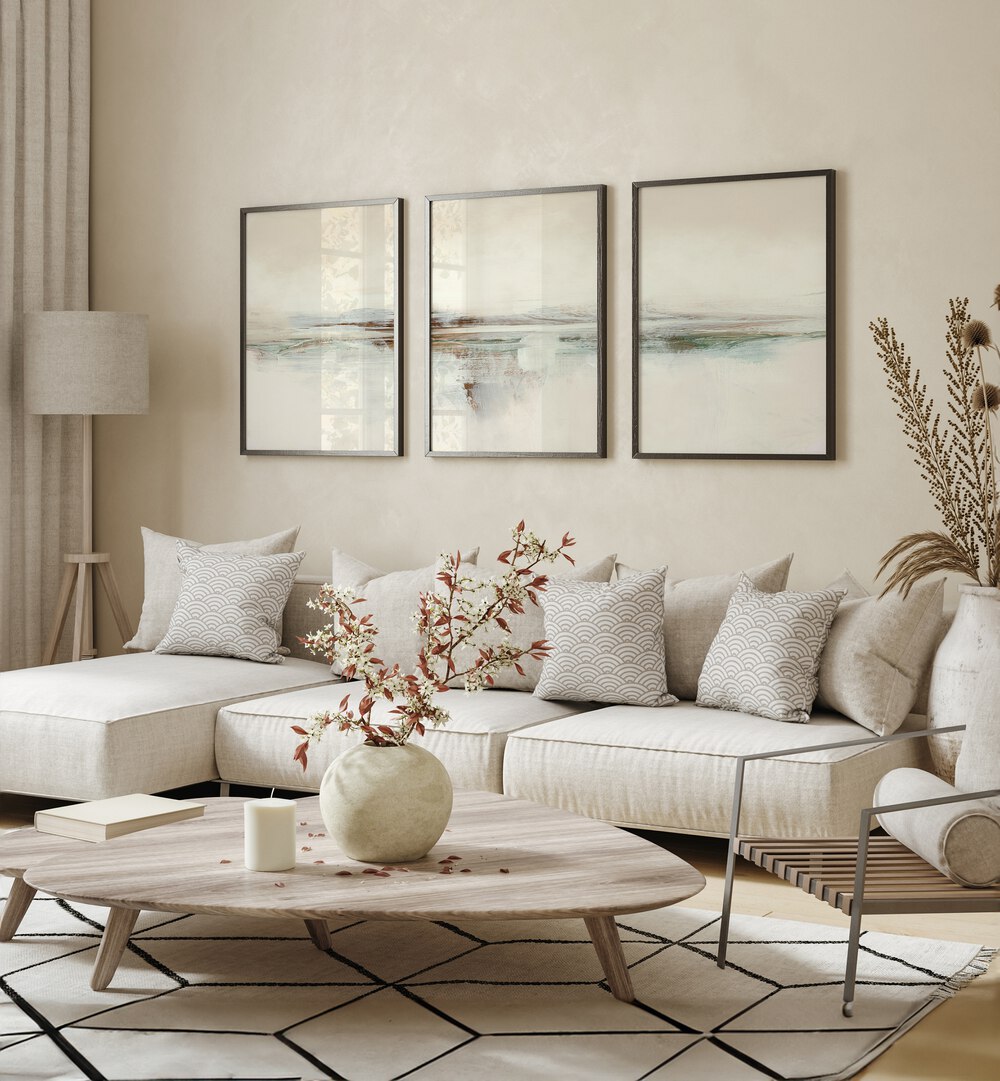 Enhance your home with the SUNSET ABSTRACTION SET, SET OF 3 PAINTINGS, featuring serene sunset hues by Dan Hobday.