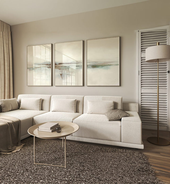 Transform your space with the SUNSET ABSTRACTION SET, SET OF 3 PAINTINGS, featuring serene sunset hues by Dan Hobday.